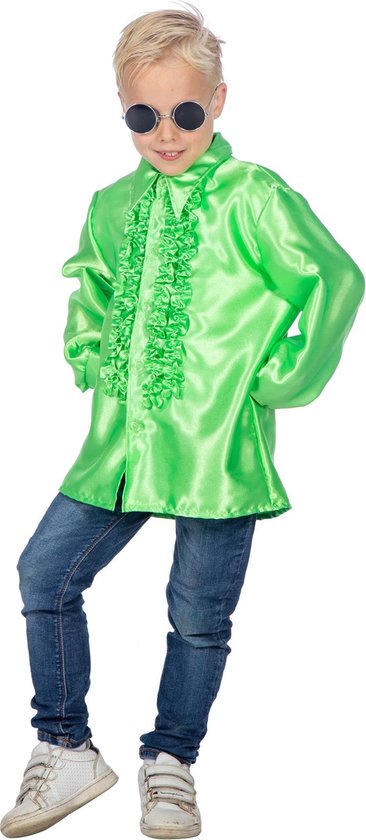 Wilbers & Wilbers - Jaren 80 & 90 Kostuum - Groene Ruchesblouse Satijn Foute Disco Kind - Groen - Maat 176 - Carnavalskleding - Verkleedkleding