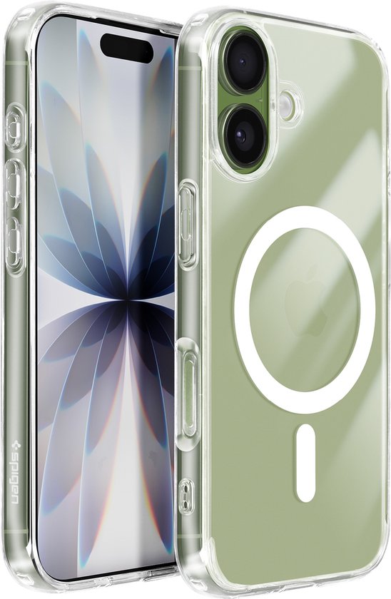 Coque de téléphone transparente aux tons verts, avec un téléphone à l'intérieur et une coque séparée à côté. Contient un anneau magnétique.