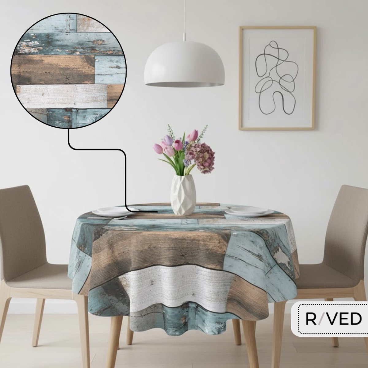 Raved Rond Tafelzeil - 160 cm ø - Houtlook - Blauw - PVC - Afwasbaar