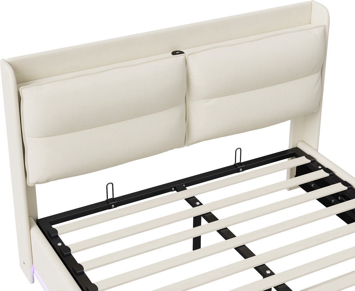 Beige Fluwelen Bed 160x200 - Opbergruimte & LED-verlichting thumbnail 8