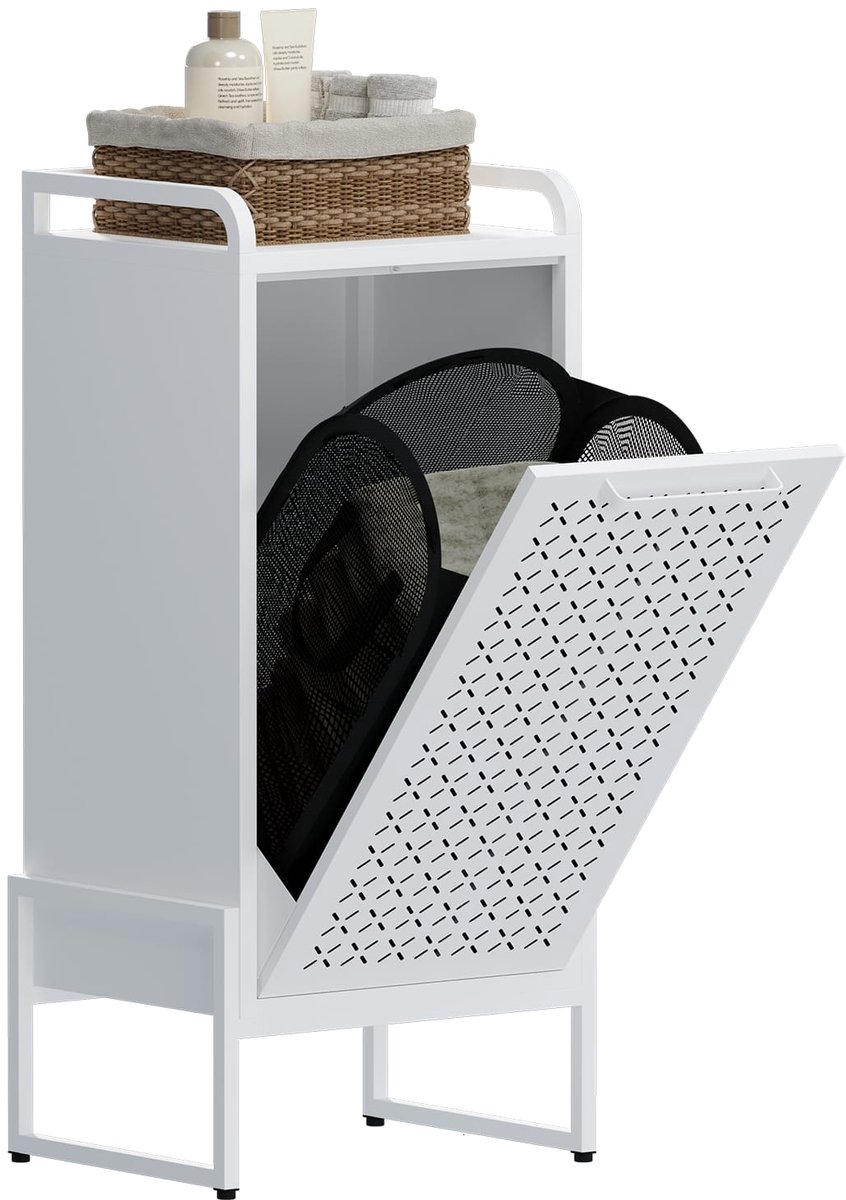 Furnstar Wasmand - Wasverzamelaar met Afneembare Waszak - Wasbox - Metalen Frame van Hoogwaardig Staal - 42 x 35 x 93 cm - Wit