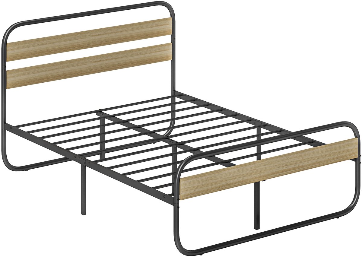 HOMCOM-Bedframe-Acier-142x196x100cm-Chêne