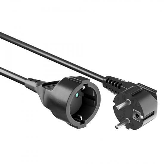 Zwarte Schuko vrouwelijke aansluiting en een zwarte mannelijke stekker op een kabel.