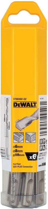 Gele DeWALT verpakking met 6 SDS-Plus boren, met maten: 6, 8, 10 mm.
