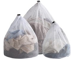 Waszak - 3 Stuks - Wasnet - Netwaszakken - Polyester - Herbruikbare - Grof Gaas - met Trekkoord - Geschikt voor Ondergoed - Kleding en Sokken - Klein + Middel + Groot - Wit