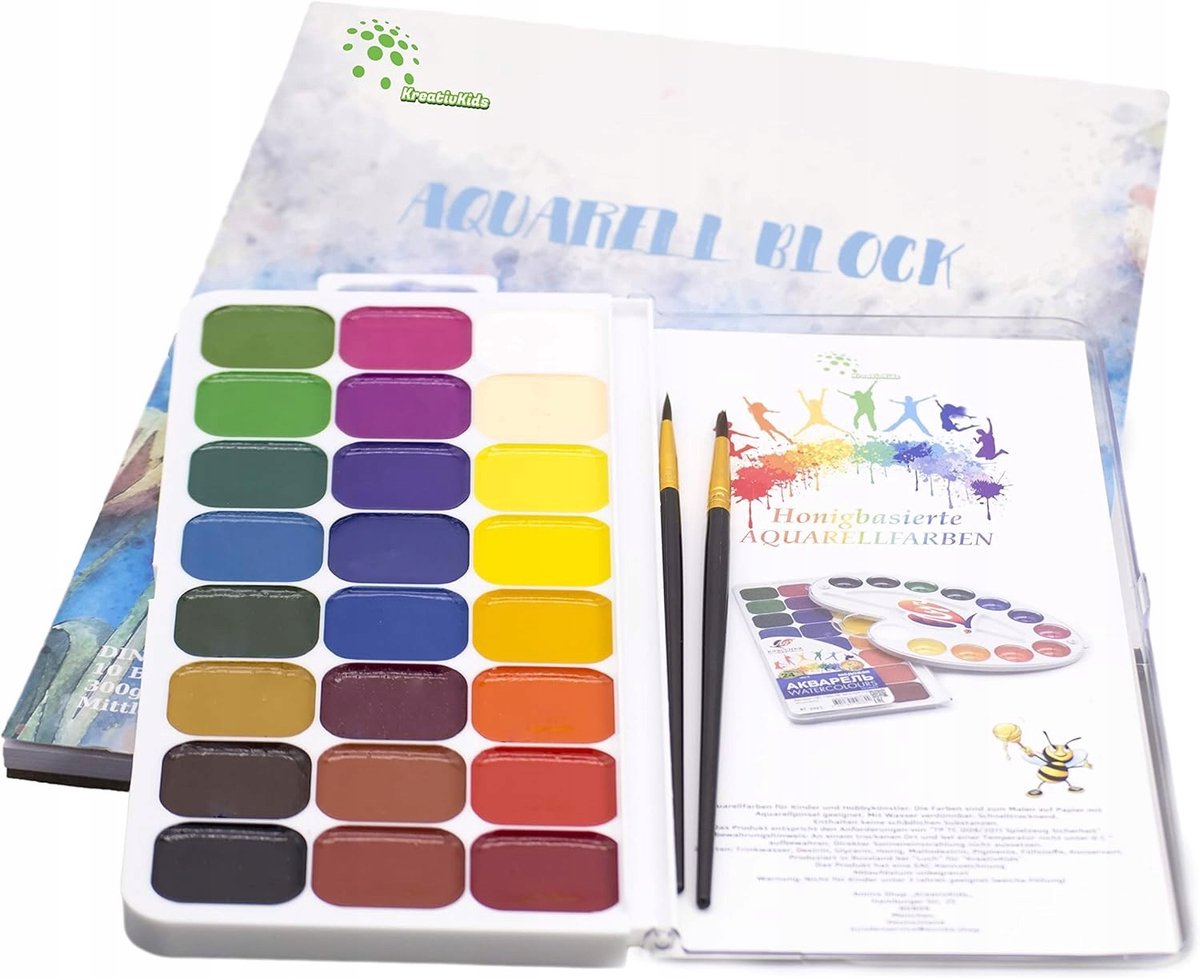 Acquarel Verf Set voor Kinderen & Kunstenaars - 24 Kleuren + Kwasten