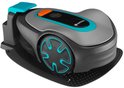 Robotmaaier met grijze en turkooizen accenten, een grote zwarte wiel en een oplaadstation.
