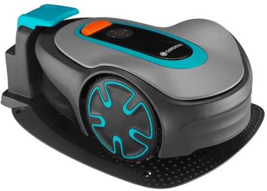 Robotmaaier met grijze en turkooizen accenten, een grote zwarte wiel en een oplaadstation.