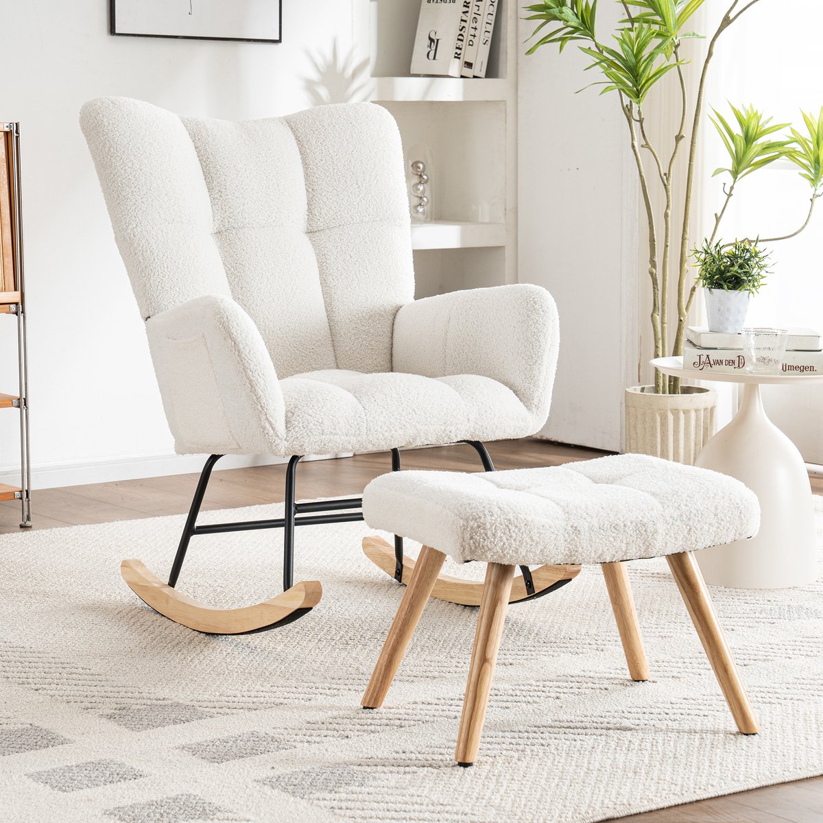 STILVORA Schommelstoel - Relaxstoel Met Kussen - Schommelstoel Met Voetenbank Voor Kinderkamer Of Woonkamer - Comfortabele Polstersessel - Stof - Wit