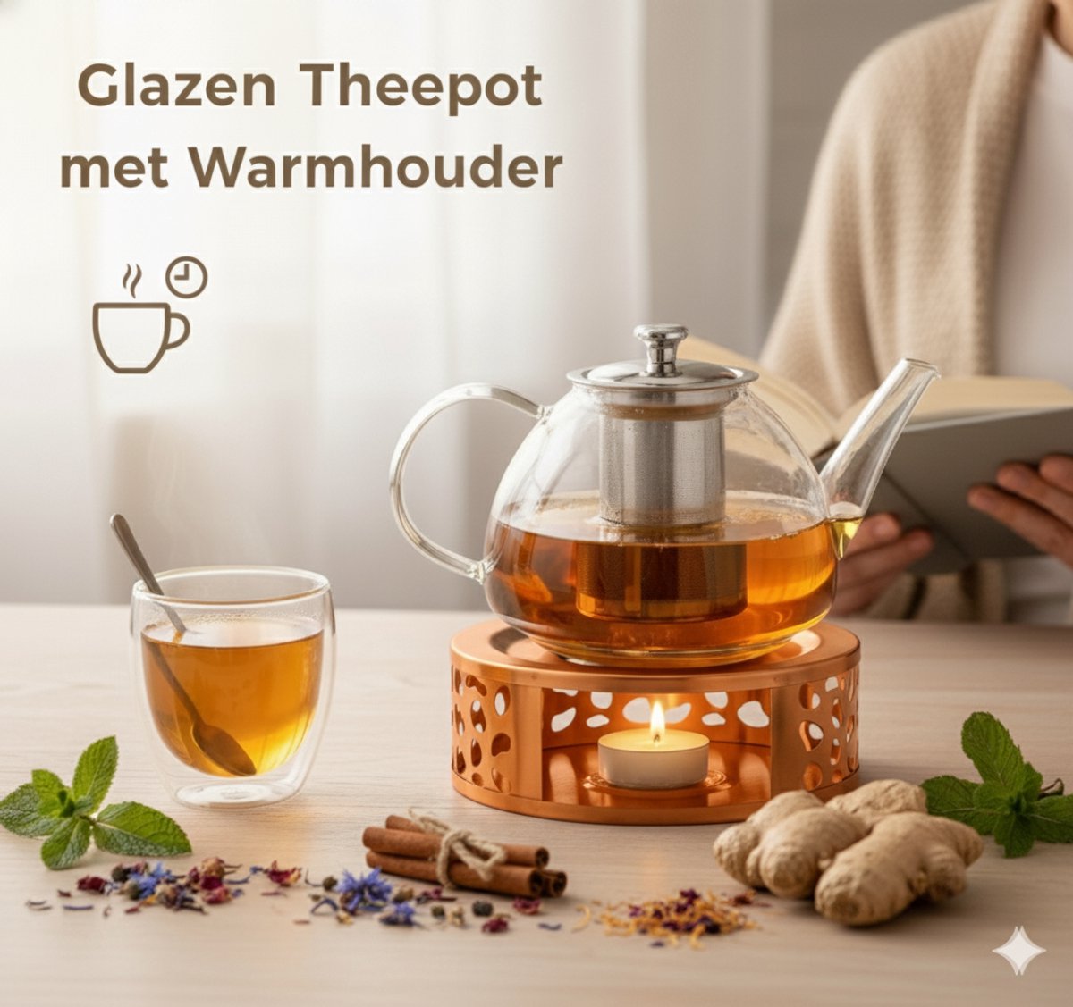 Vaja Glazen Theepot Fay 1.4Liter met Filter en Warmhouder - Theepot Glas voor Losse Thee en Theebloemen - Tea Maker - Theelicht houder voor Theekan met Zeef - Infuser - Warmer - Rose — cadeau in Koken & Dineren - foto 2