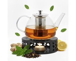Vaja Glazen Theepot Fay 1 Liter met Filter en Warmhouder - Theepot Glas voor Losse Thee en Theebloemen - Tea Maker - Theelicht houder voor Theekan met Zeef - Infuser - Warmer - Zwart