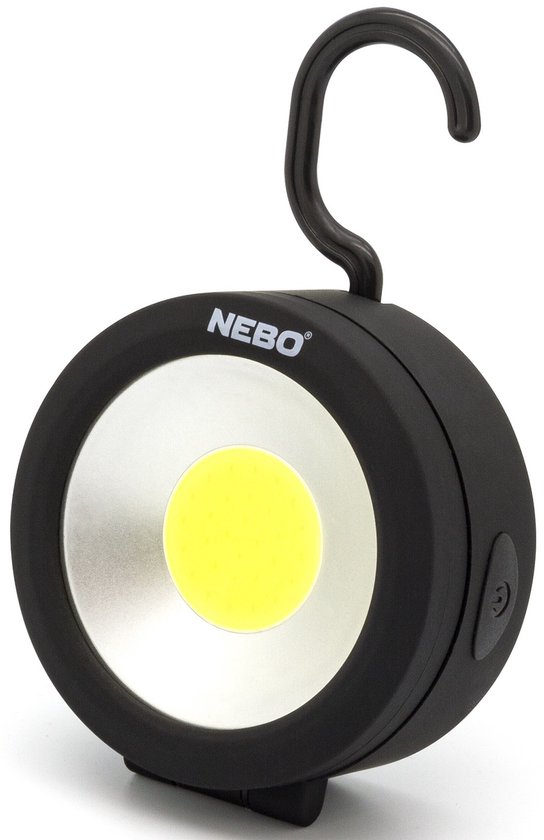 Zwarte Nebo werklamp met ronde lichtbron, een zilveren reflector en een zwarte ophanghaak.