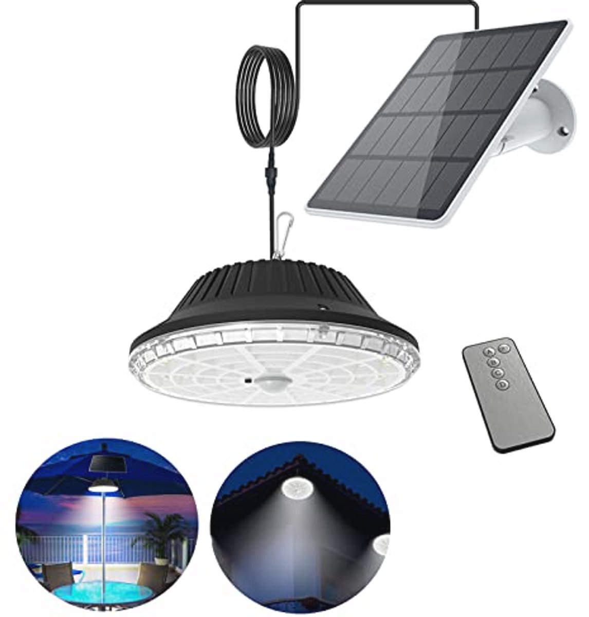 MEDOYOH Hanglamp op zonne-energie, 120 leds, koud wit licht, met afstandsbediening en bewegingsmelder, 4000 mAh, hangend IP55 waterdicht, voor binnenplaats, schuur, balkon, gang, paviljoen, garage