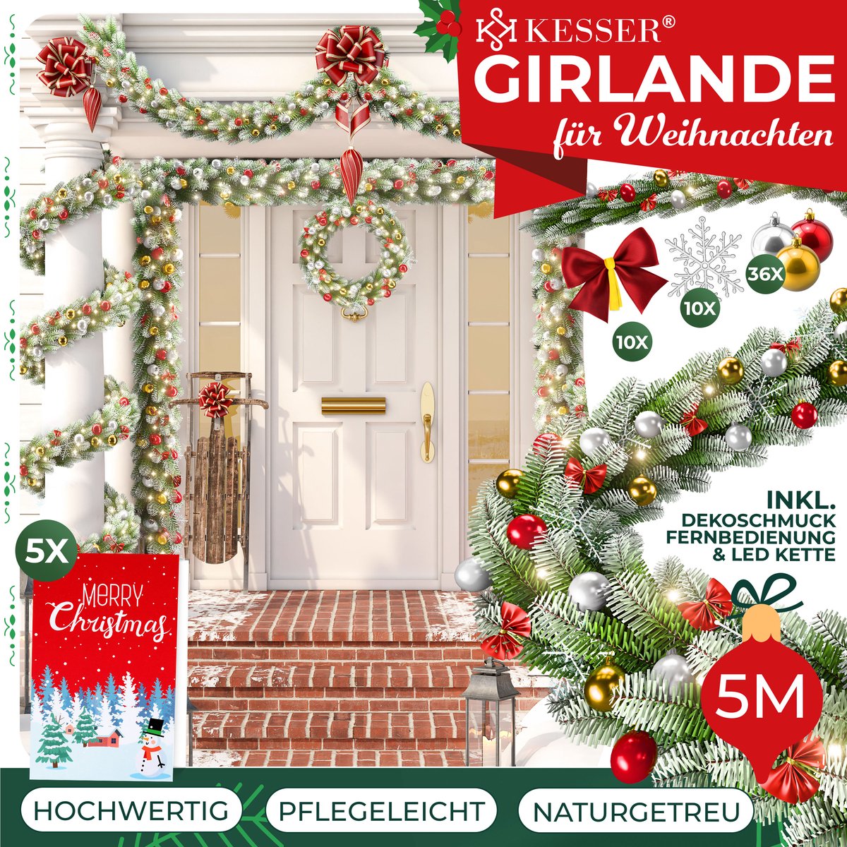 KESSER® Guirlande met verlichting - Kerstguirlande LED Kerstslinger Kerstversiering Kerstdecoratie – foto 2