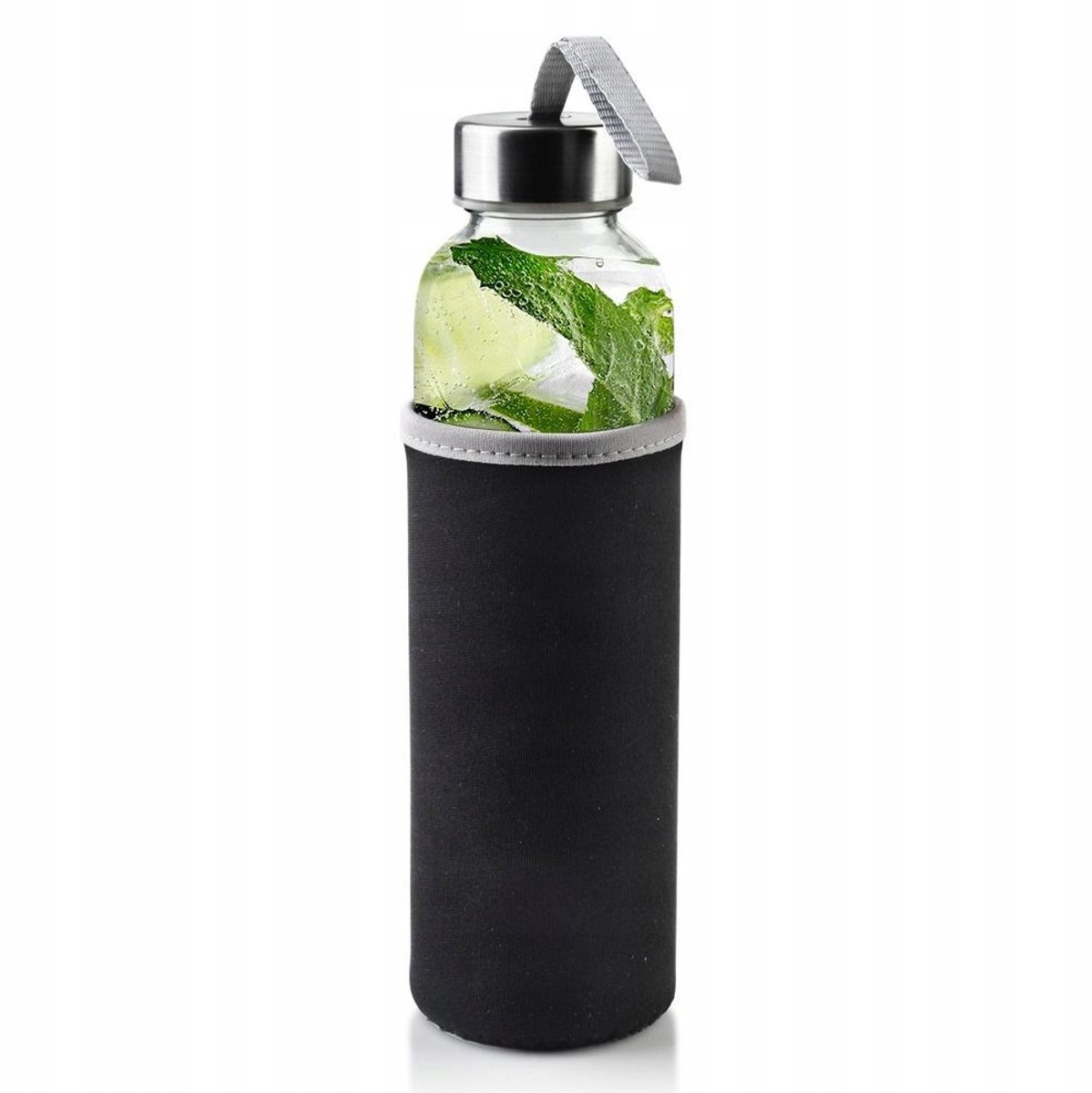 Glazen waterfles met zwarte neopreen hoes - 490 ml