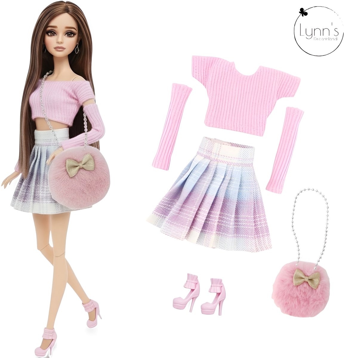 Lynn’s poppenkleertjes - Set ‘Zoë’ - Geschikt voor modepop - Set van 3 complete outfits - Inclusief schoenen en tas - Kledingset voor modepoppen - Cadeauzakje — afbeelding 2