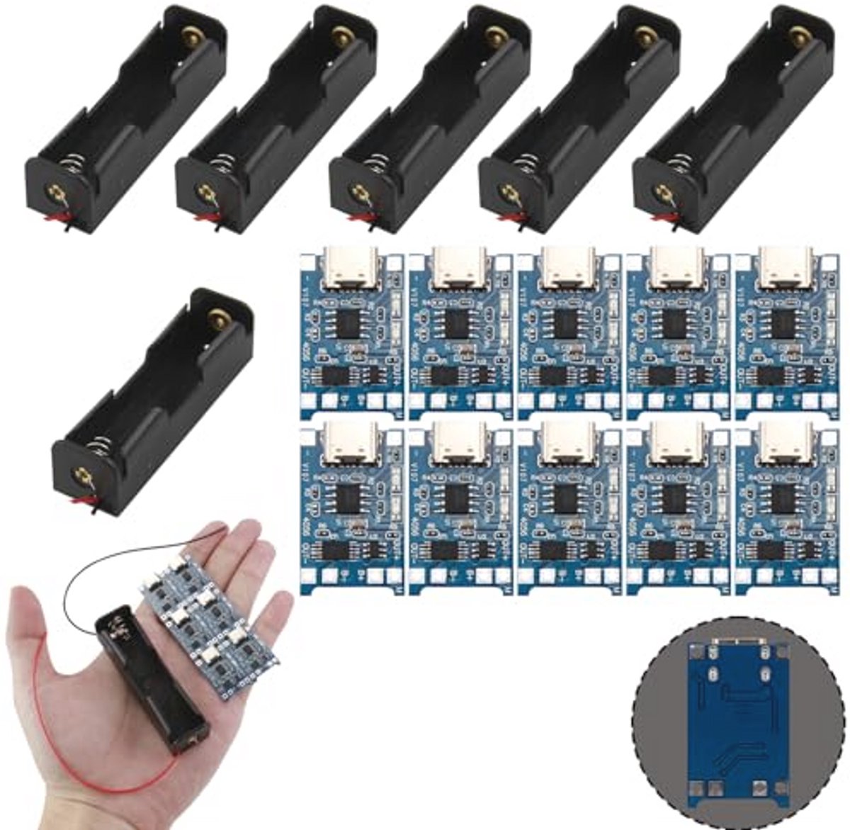 Batterijhouder set met 6 stuks en 10 USB Type-C opladers voor 18650 lithiumbatterijen