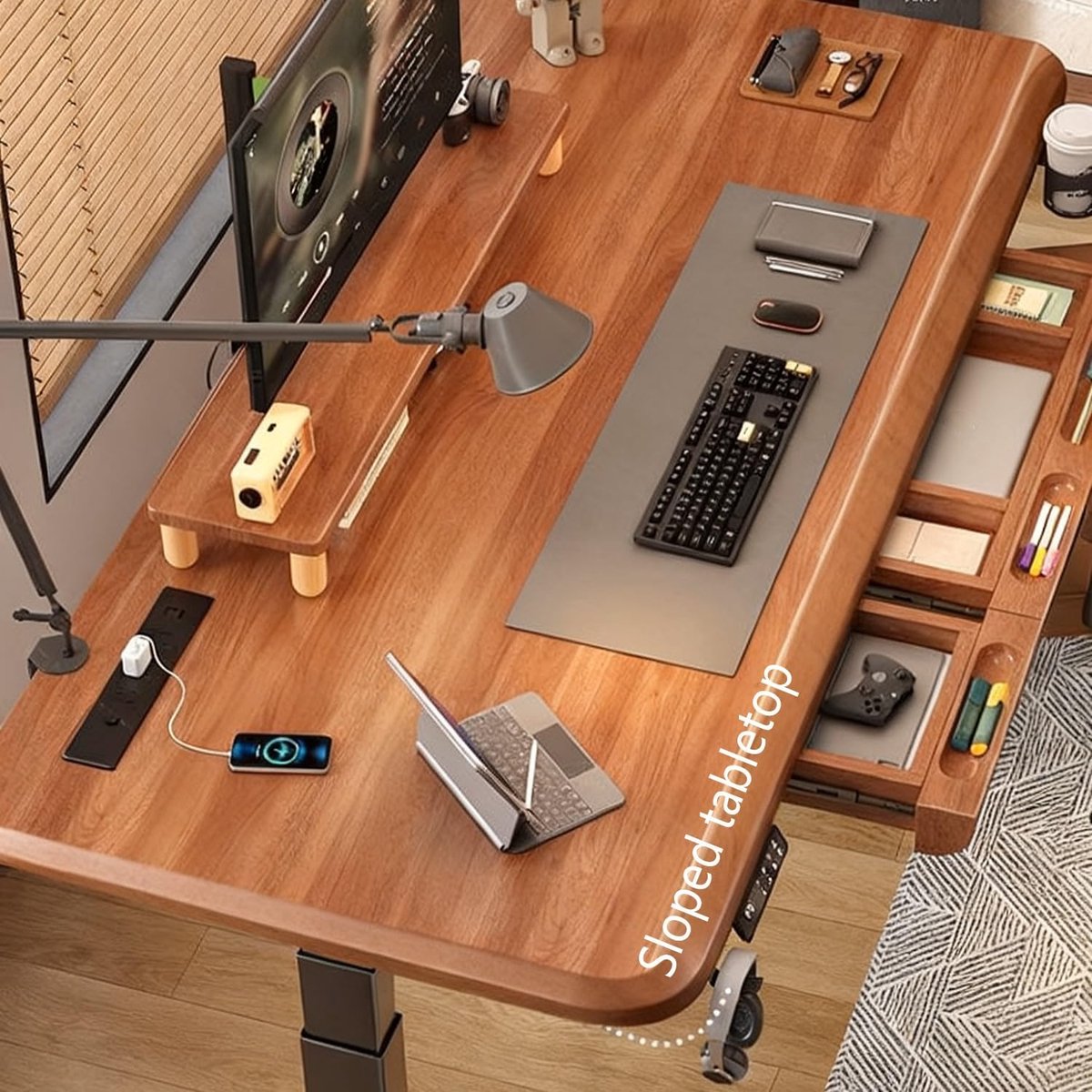 Elektrisch Zit-Sta Bureau "PowerDesk" met Lades, Stopcontacten en 3-Positie Geheugen - 120 x 60 cm, Walnoot | Novihome