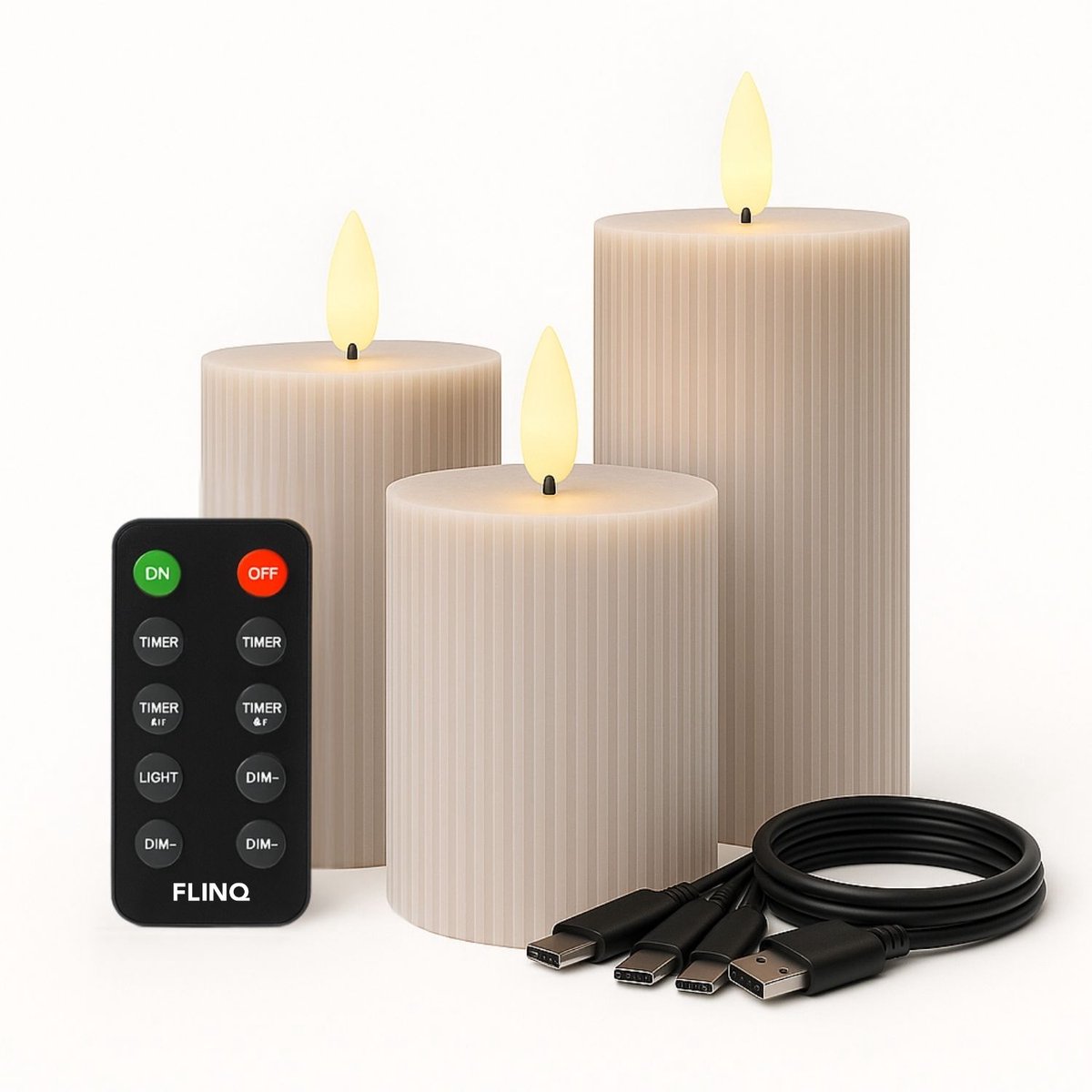 FlinQ Oplaadbare LED Kaarsen met Bewegende Vlam Ribbed - Inclusief Afstandsbediening met Timer en Dimfunctie - Nep Kaarsen met Flikkerende Vlam - Dinerkaarsen Oplaadbaar - 3 stuks