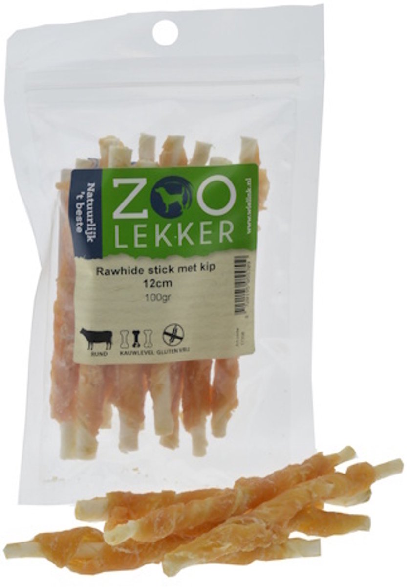 Zoolekker Rawhide stick met kip 12 cm - hondensnack van buffelhuid en kip, verpakkingen 100 g, 400 g en 1 kg 100 Gram