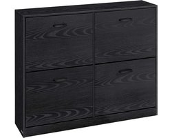 Schoenenkast, opbergkast, bijzetkast met 4 verstelbare dubbeldeks kantelvakken, geschikt voor 16-28 paar schoenen, stevig en duurzaam houten frame, geschikt voor gang, entree en slaapkamer, 24 x 105,5 x 82,7 cm, zwart
