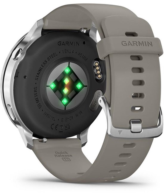 Achterkant zilverkleurig Garmin Venu 4 smartwatch met grijs bandje, hartslagsensor met groene lichten.
