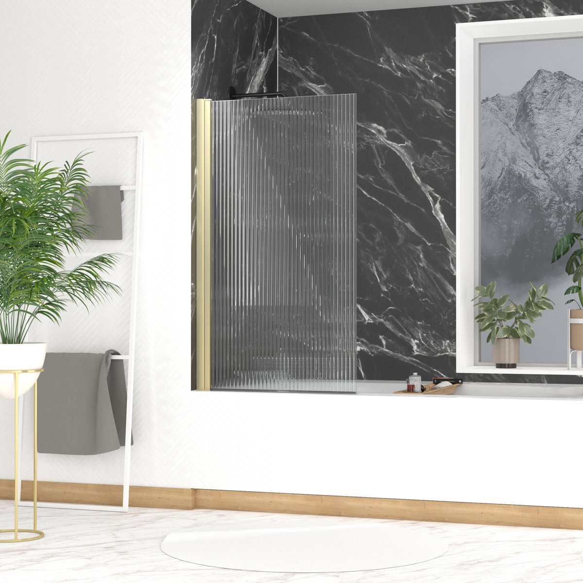 Pare baignoire Rabattable 80x140cm - Profilé Or Doré Brossé - Verre Trempé Ondulé 5mm - WAVY