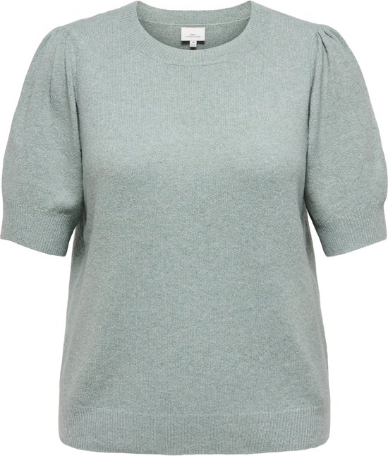 Pull tricoté vert clair avec col rond et manches bouffantes.