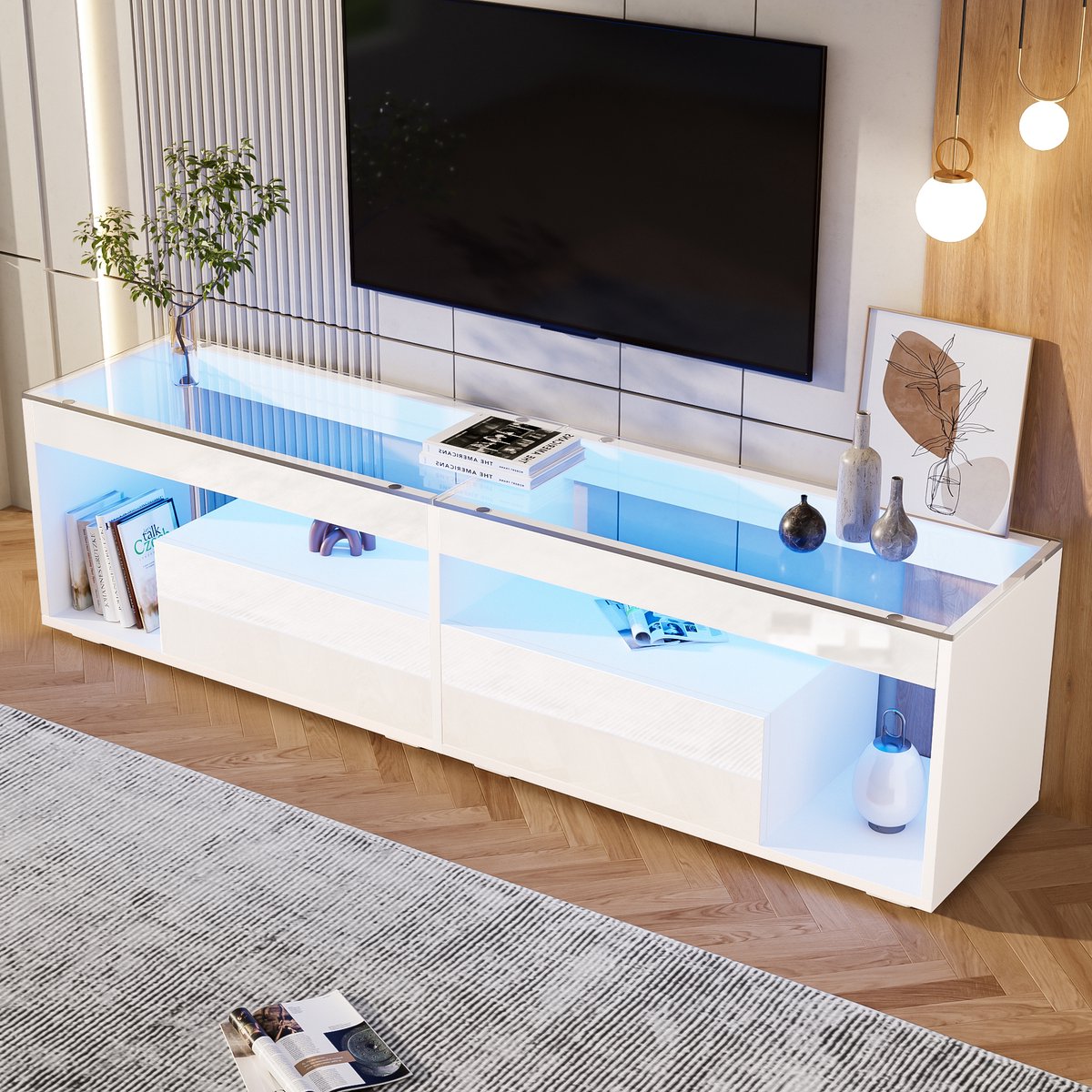 STILVORA TV-Meubel - Hoogglans met Dimbare LED en 2 Laden - Afstandsbediening en App voor 