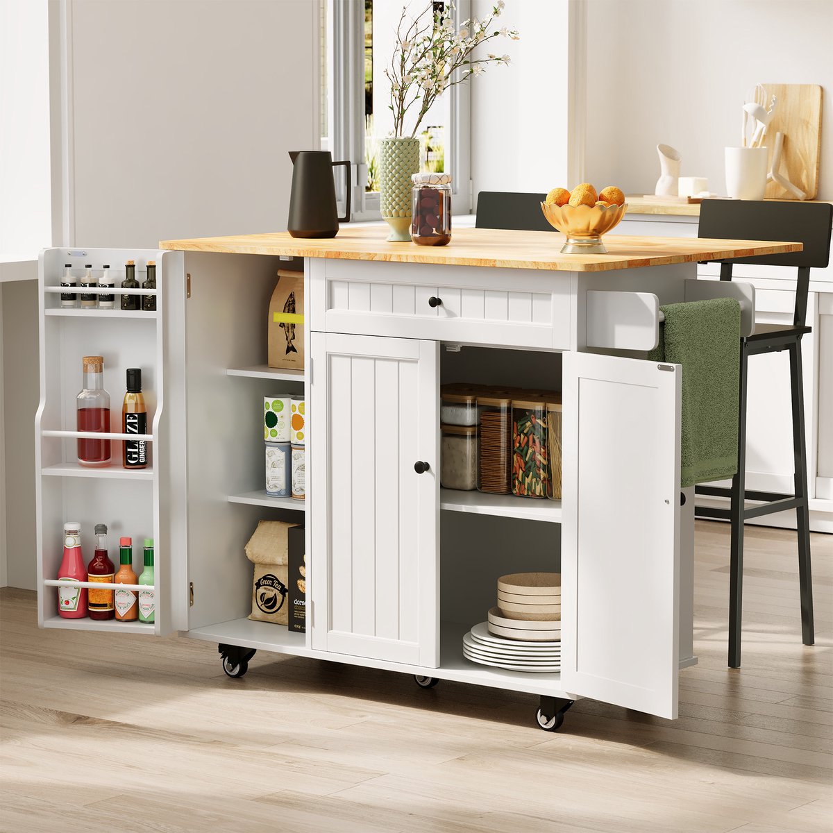 Xbro Keukeneiland Verplaatsbaar met uitklapblad，Keukenwagen op 5 wielen，Keukentrolley met 1 Lade en 3 Deuren，voor Keuken en Eetkamer, 130 × 75 × 88 cm, Wit