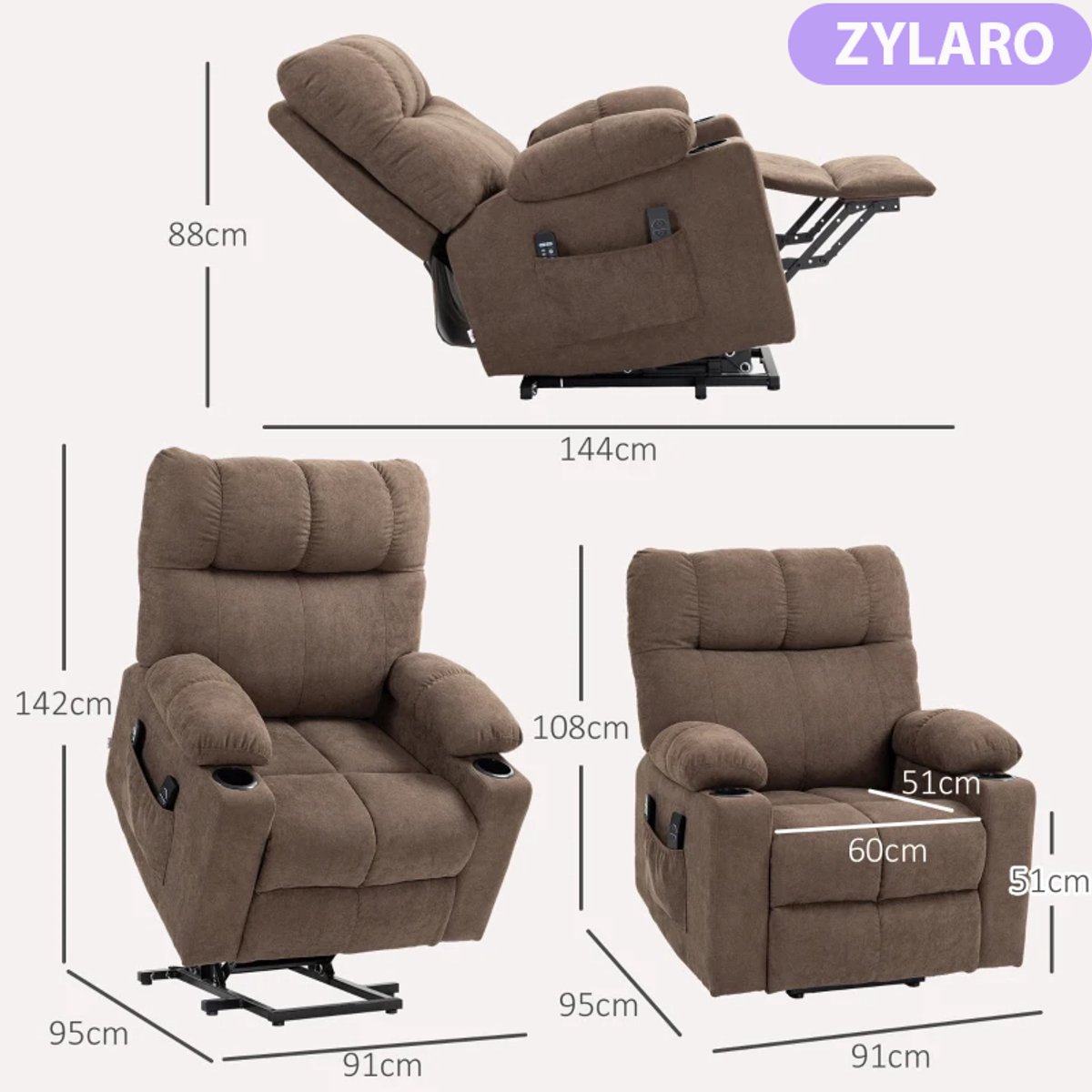 Elektrische Massagestoel - Massagefauteuil met Liftfunctie & Verwarmingsfunctie - Sta-opstoel - 8 Vibratiekoppen - Kantelbaar tot 135° - tot 150 kg - met Afstandsbediening - Relaxfauteuil - Relaxstoel - TV stoel - Bruin – foto 4