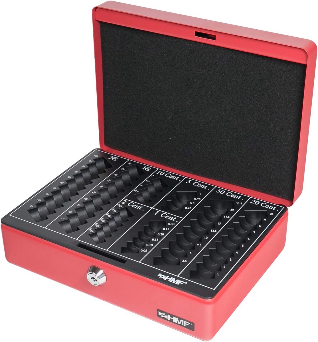 Geldcassette Rood 25 cm met Uitneembaar Muntentelinzetstuk en Slot