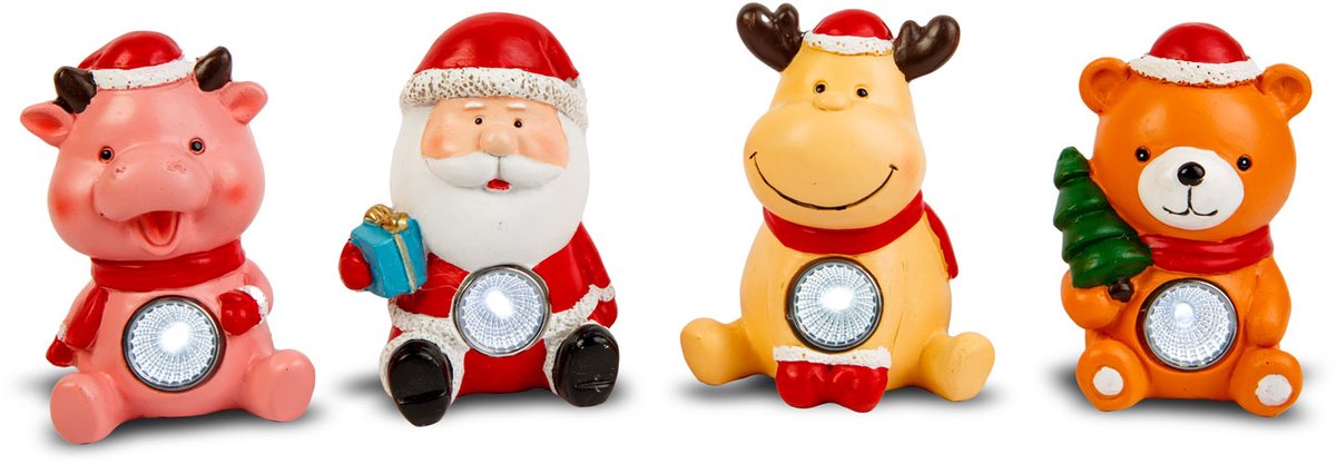Solar Kerstdecoratie Met LED Verlichting – Koud Wit Licht – Rendier Beer Kerstman Of Varken – Werkt Op Zonne-Energie – Voor Binnen En Buiten – Weerbestendig – 6 X 5 X 10 Cm – 4 Types Willekeurig 1 Stuk [59762]