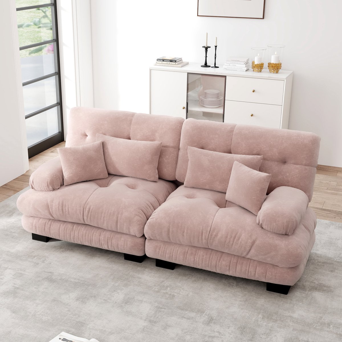 Sweiko 2-zitsbank - Chenille stof - Met 4 kussens - Massief houten frame - Roze