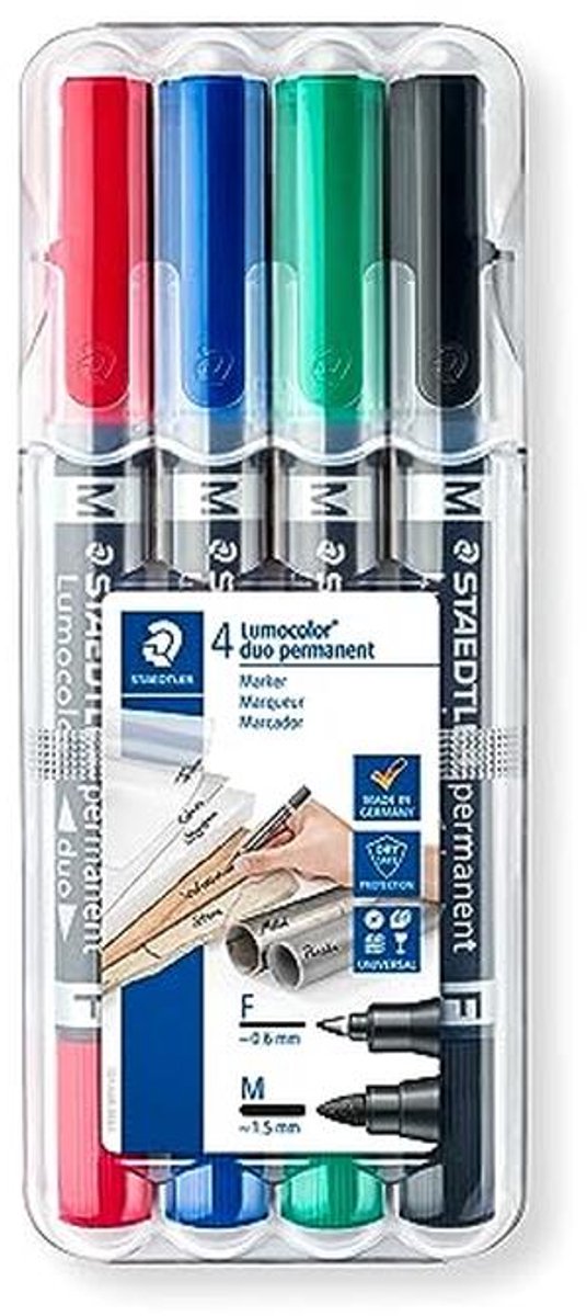 Duo Permanente Marker Set - 4 Kleuren (Zwart, Blauw, Groen, Rood)