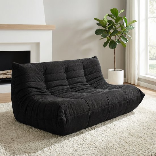 Zipsofa Togo-style canapé paresseux 3 places en velours côtelé noir – Canapé modulaire loisirs, librement combinable, design ergonomique, capacité de charge 350 kg, dimensions 160×100×72 cm, sans montage.