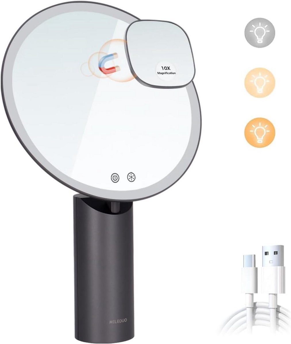 Verlichte Make-up Spiegel met 10x Vergroting en Oplaadbare Batterij