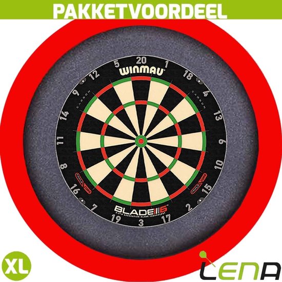 Winmau Blade 6 dartbord in een grijze beschermhoes met rode rand, met 'PAKKETVOORDEEL' en 'XL' logo's.