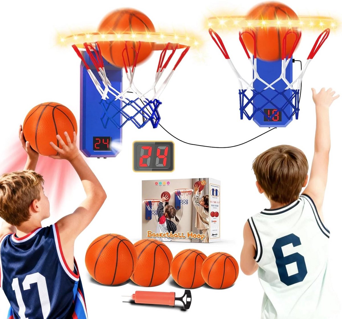 2-Speler LED Mini Basketbalring Set met Digitaal Scorebord voor Binnen