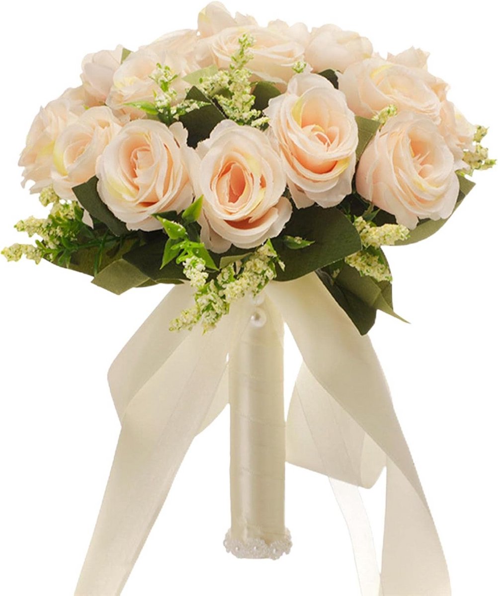 Kunst Bruidsboeket Rozen met Zijden Lint en Strass - Zijden Bloemen Boeket voor Bruiloft en Decoratie
