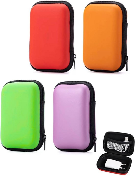 Set Van 4 Speelkaartopbergdozen – 11x8x3,5 Cm – EVA Materiaal – Waterdicht – Met Rits – Roze, Rood, Groen, Oranje – Ruimte Voor 160 Kaarten – Ook Voor Kabels & Accessoires