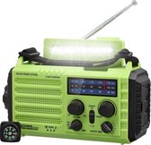 Groene noodradio met AM/FM/SW/NOAA banden, luidspeaker en een LED lamp.