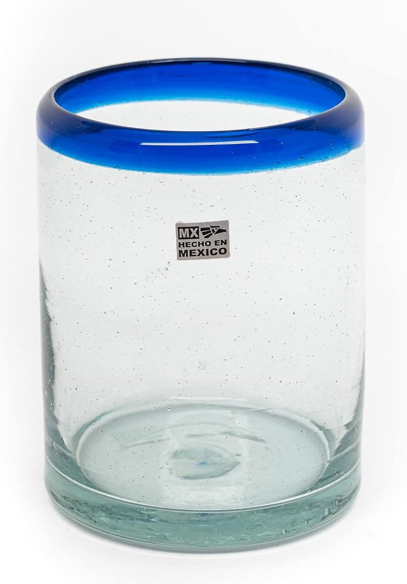 Set van 6 Handgeblazen Drinkglazen Mexico - Rustiek Bubbbelglas met Kobaltblauwe Rand