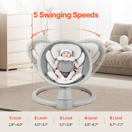 Draagbare babyschommel met 5 instelbare snelheden, afstandsbediening, touchscreen, Bluetooth-muziek, 10 slaapliedjes en 5-punts veiligheidsharnas voor baby's van 0-9 maanden tot 9 kg — afbeelding 3