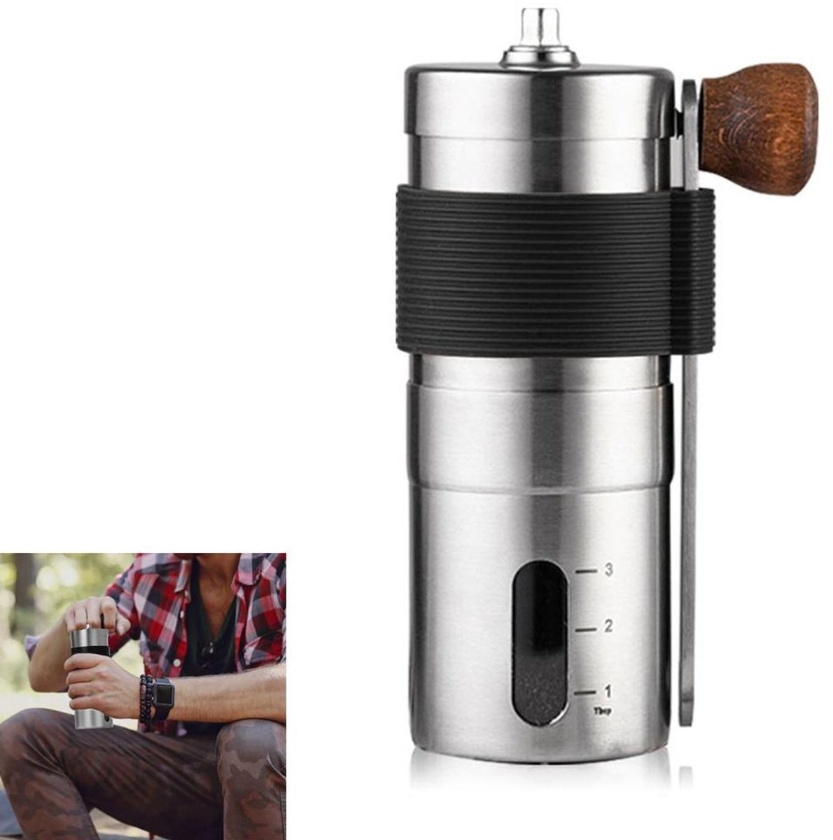 Handkoffiemolen, handmatige molen, keramische molen, capaciteit van 20 gram, instelbare maalgraad, geschikt voor gebruik bu buitenshuis.