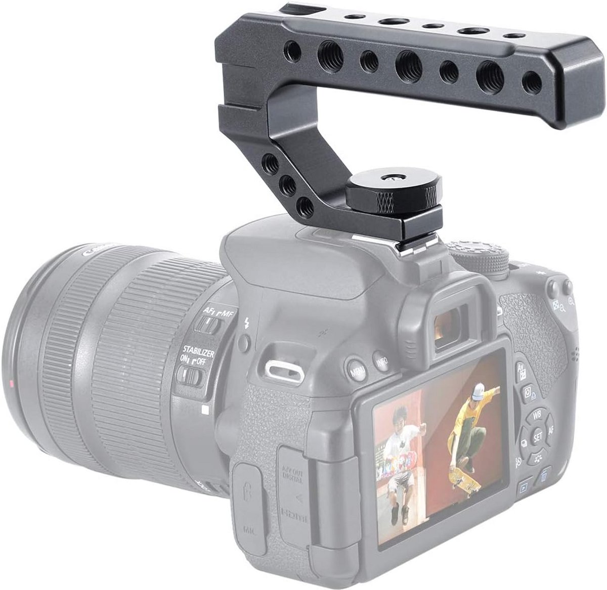 Lichtgewicht Aluminium Cameragrip met 3 Koude Schoen Bevestigingen voor Microfoon, LED Licht en Monitor