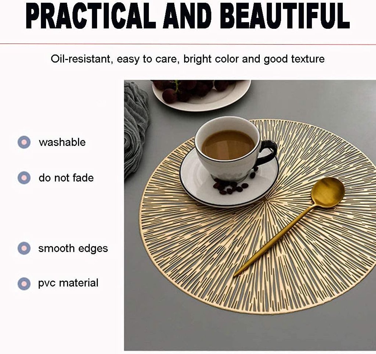 Set van 4 ronde placemats - 38 cm ronde antislip placemats - Creatieve minimalistische luxe decoratieve placemats - Hittebestendige antislip PVC-onderzetters - Geschikt voor bruiloften, feesten, thuis, hotels en tafeldecoratie — cadeau in Wonen & Interieur - foto 8