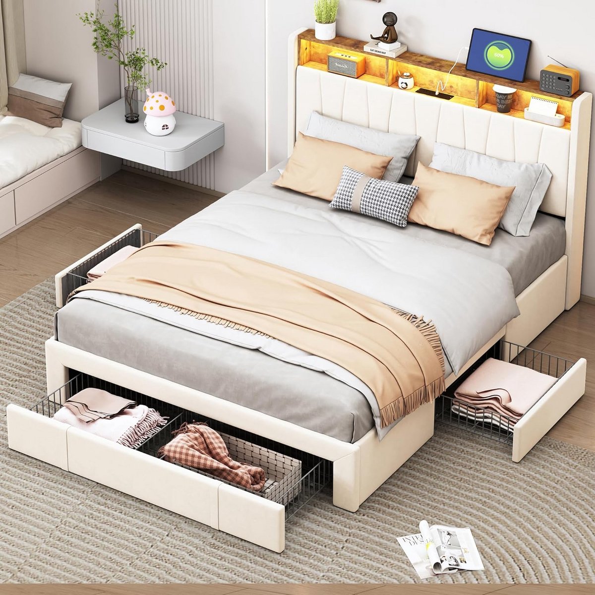 Tweepersoonsbed 160x200 met Opbergruimte en LED Verlichting | Nachtkastje met USB