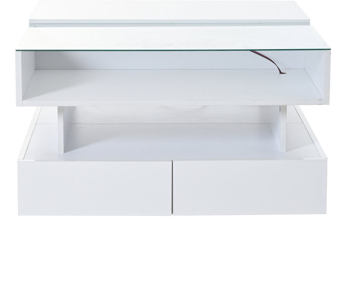 MODFU Hoogglans salontafel 80x80x45 cm met verstelbaar blad, verborgen opbergruimte, 2 lades, LED-verlichting, gehard glas, wit