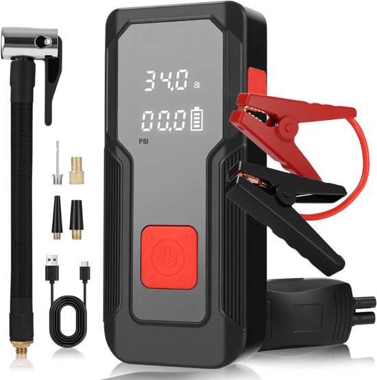 White-Label® Jumpstarter met Compressor - Startkabels - Starthulp voor Auto - Accubooster - Zwart en Rood